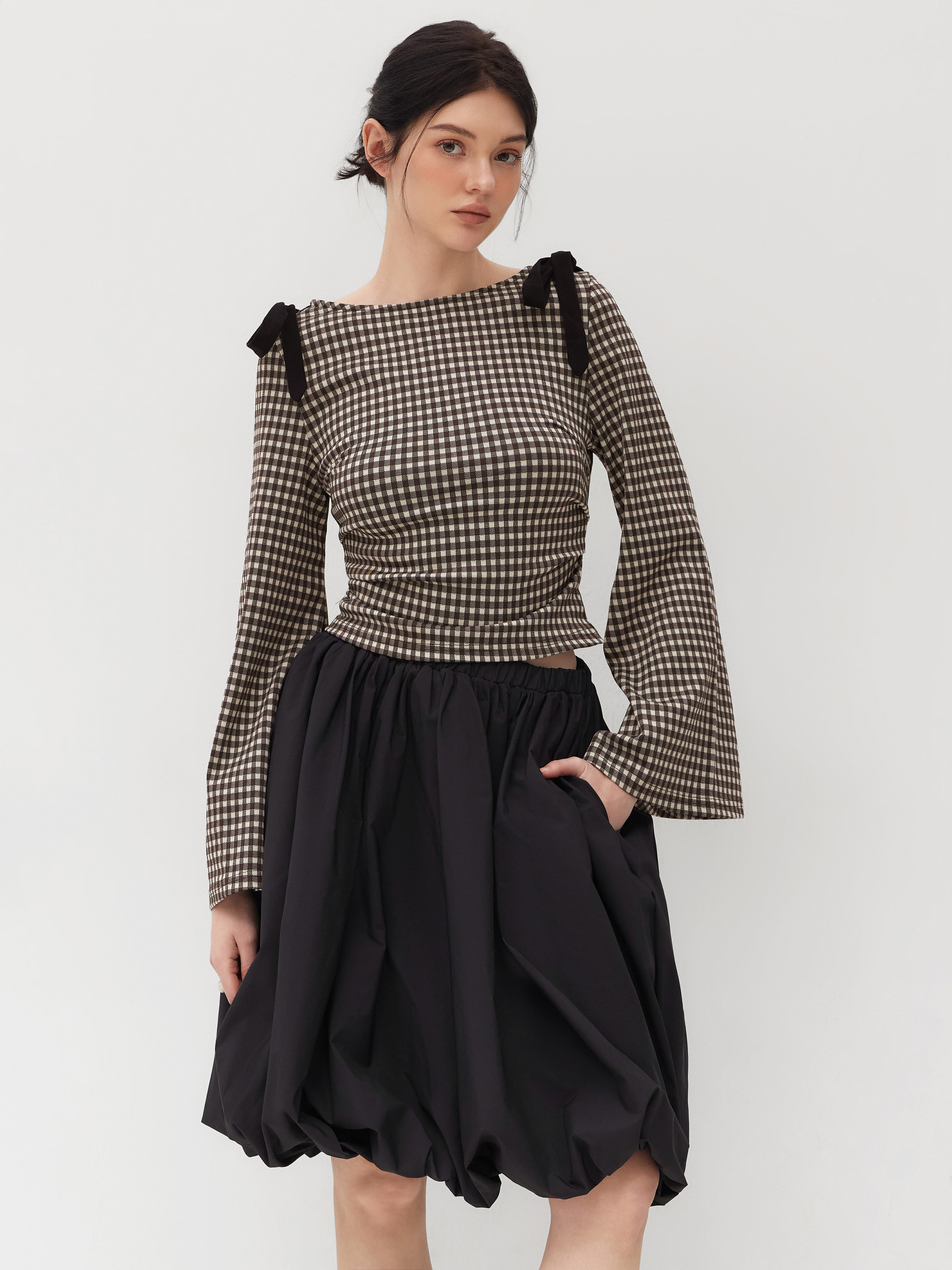 City Chic Knit Fabric Boat Neck Gingham Bowknot Ruched Long Sleeve Top For School | Cider