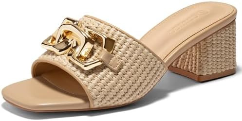 Coutgo Womens Raffia Slide Sandals Chunky Block Heeled Square Open Toe Metal Chain Slip on Mules ... | Amazon (US)