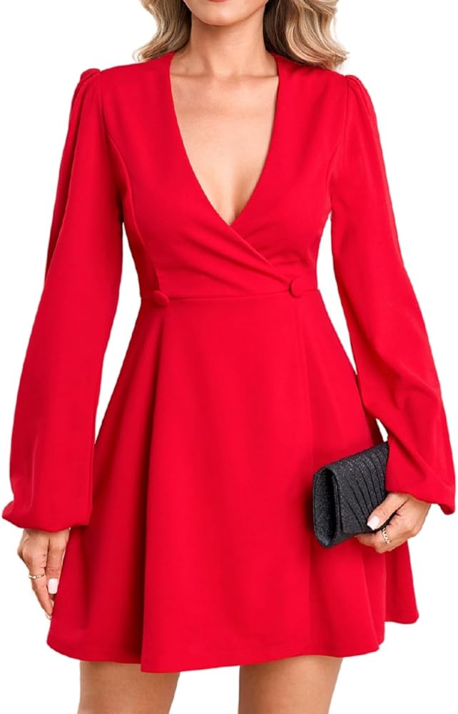 Parthea Women's Long Sleeve V Neck Mini Work Dress A Line Swing Short Lantern Sleeve Wrap Button ... | Amazon (US)