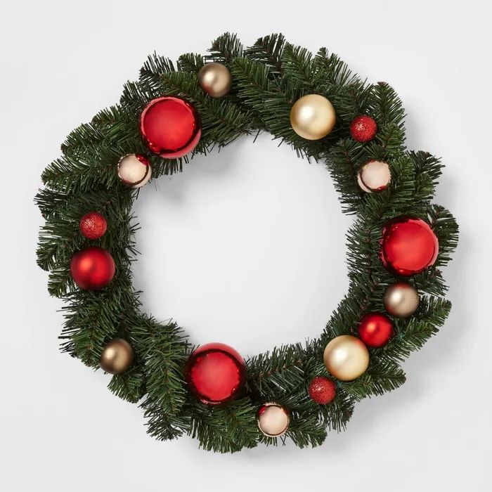 22in Unlit Pine with Shatter-Resistant Ornaments Artificial Christmas Wreath Red/Gold  - Wondersh... | Target