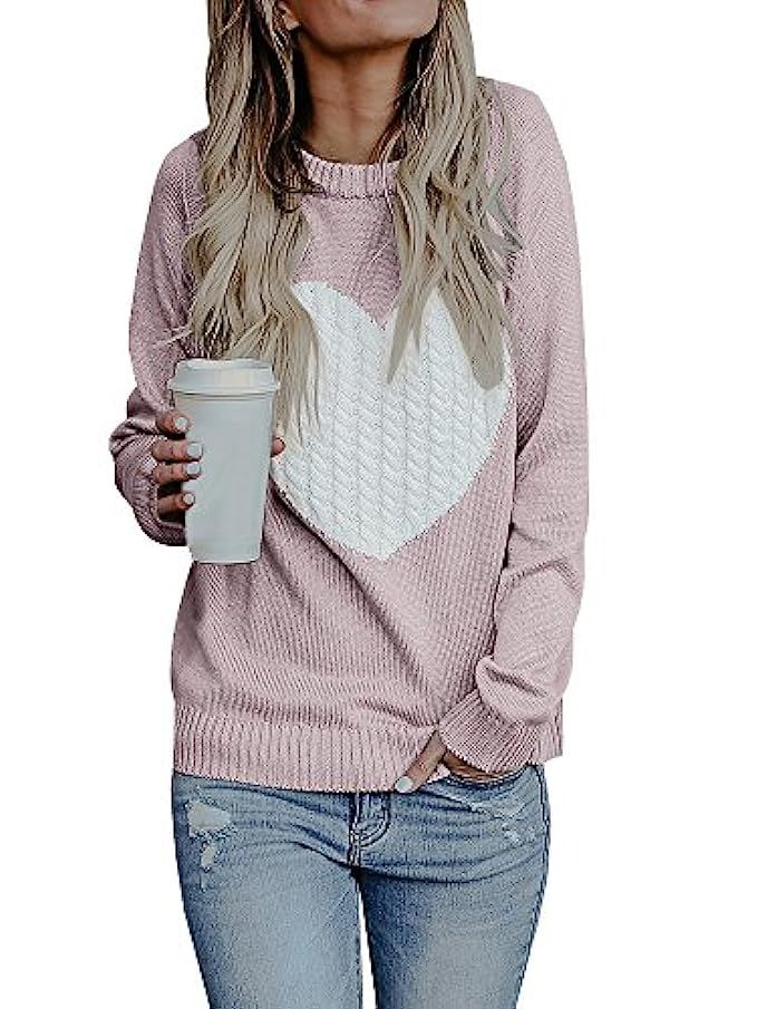 FISACE Womens Cute Heart Cable Chunky Knit Pullover Sweater Long Sleeve Pattern Warm Jumper Tops | Amazon (US)
