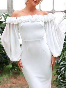 3D Rosette Off Shoulder Lantern Sleeve Mermaid Hem Wedding Dress | SHEIN