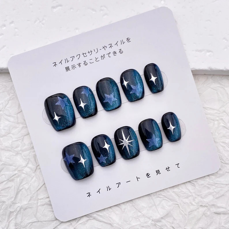 Charming Dark Blue Nail/Cute Short Star Nails/Handmade Press on Nails/Popular Trending Nail/Blue ... | Etsy (US)