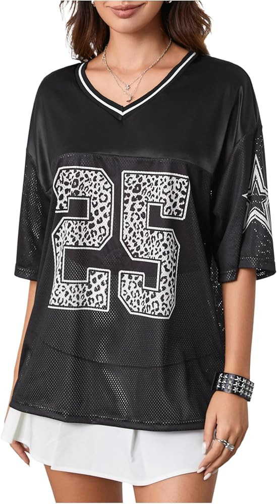 SOLY HUX Jersey Shirts for Women Y2k Graphic Number Oversized Tees V Neck Half Sleeve Cute Soccer... | Amazon (US)