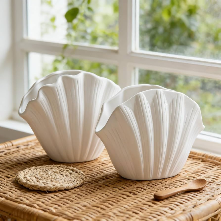 Seashell Vase Set of 2, Ivory White Matte Ceramic Sea Shell Vases, Coastal Clam Shell Shaped Shel... | Amazon (US)