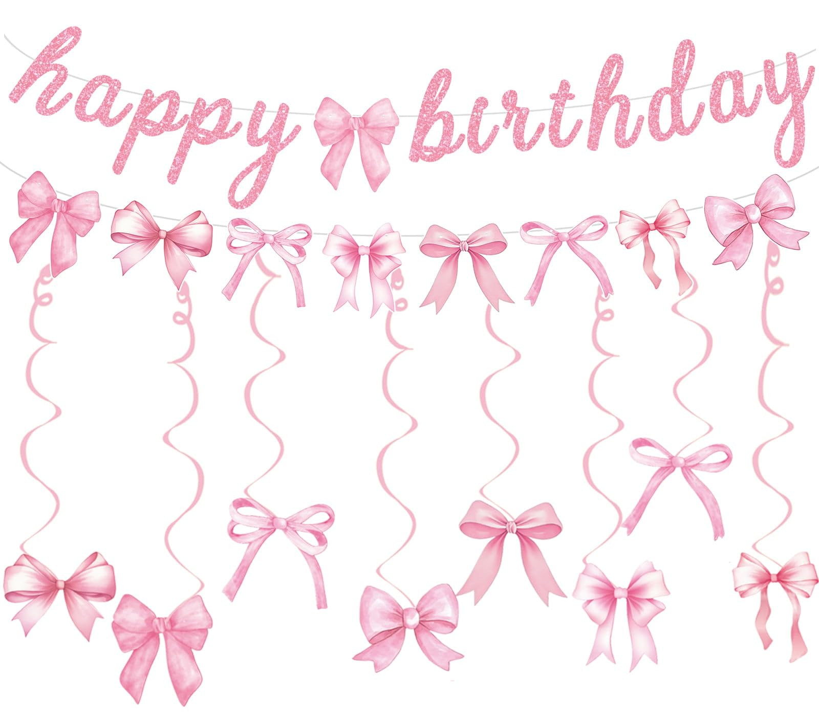 Pink Bow Happy Birthday Banner Garland and Hanging Swirls for Girl Pink Bow Coquette Birthday Par... | Amazon (US)