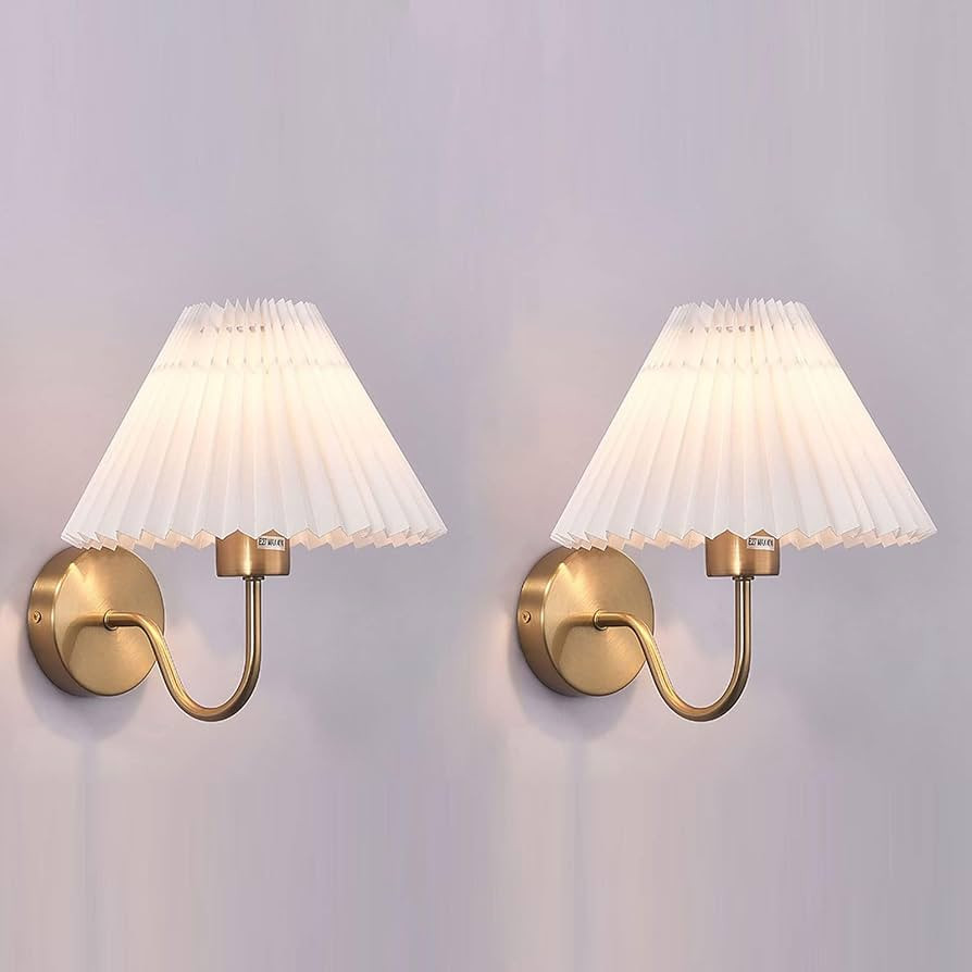 Gold Wall Sconces Sets of 2, Pleated Fabric Wall Lamp Bedside Wall Light Bathroom Dresser Vanity ... | Amazon (US)
