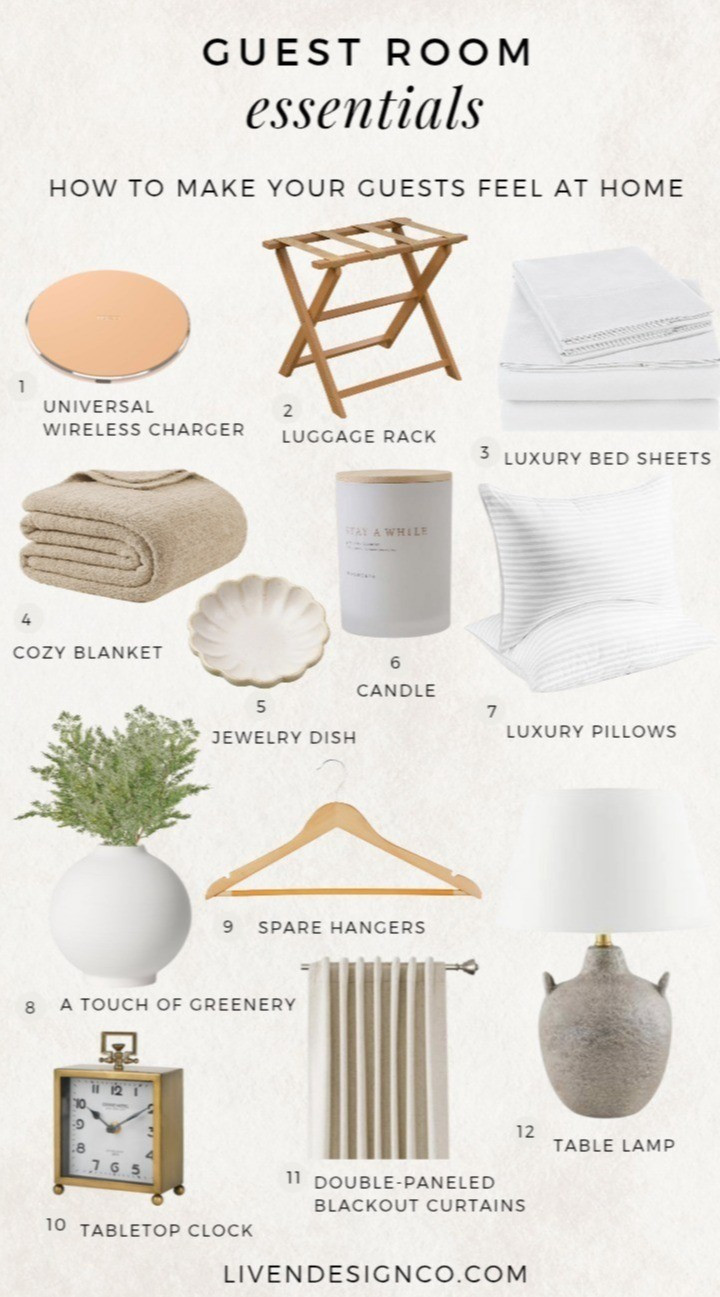 Guest bedroom essentials. Holidays. Spare bedroom. Luggage rack. Bed sheets. Wireless charger. Cozy blanket. Trinket jewelry dish. Bedside table. Candle. Vase. Bed pillows. Table lamp. Wood hangers. Alarm clock. Tabletop clock. Curtains. Blackout curtains. Window panels.

#LTKSeasonal #LTKHome #LTKSaleAlert