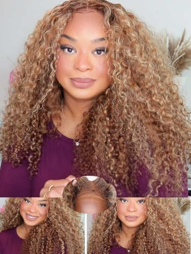 Beauty Forever Pre Everything Highlight Curly 13x4 Lace Front Wig Glueless Put on and Go Wig Human Hair, Pre Plucked Honey Blonde Pre Cut Lace Wig Pre Bleached Knots for Beginner 150% Density 24inch | Amazon (US)