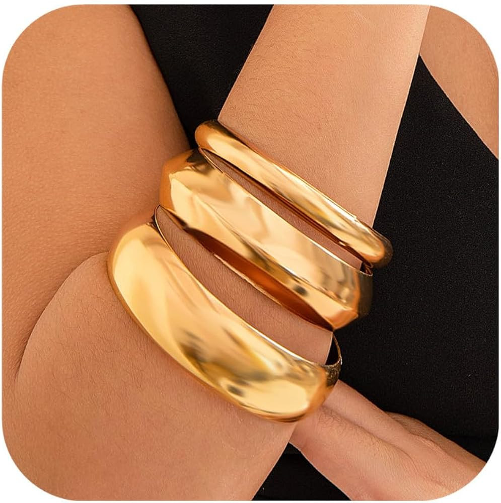 3PCS Chunky Gold Bangle Bracelets for Women Trendy Wide Wrist Cuff Bracelets Stack Statement Bang... | Amazon (US)