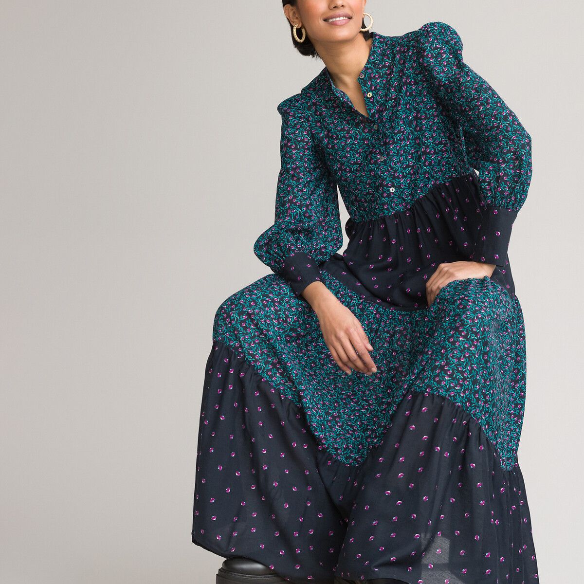 Recycled Floral Maxi Dress with High Neck and Long Puff Sleeves | La Redoute (UK)