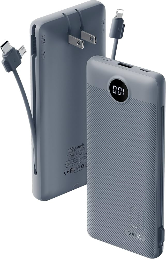 VRURC Portable Charger Built-in Cables and AC Wall Plug, USB C Power Bank 10000mAh, Travel Batter... | Amazon (US)