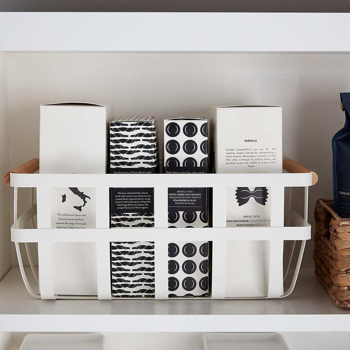 Yamazaki Slim Tosca Basket w/ Wooden Handles White/Natural | The Container Store