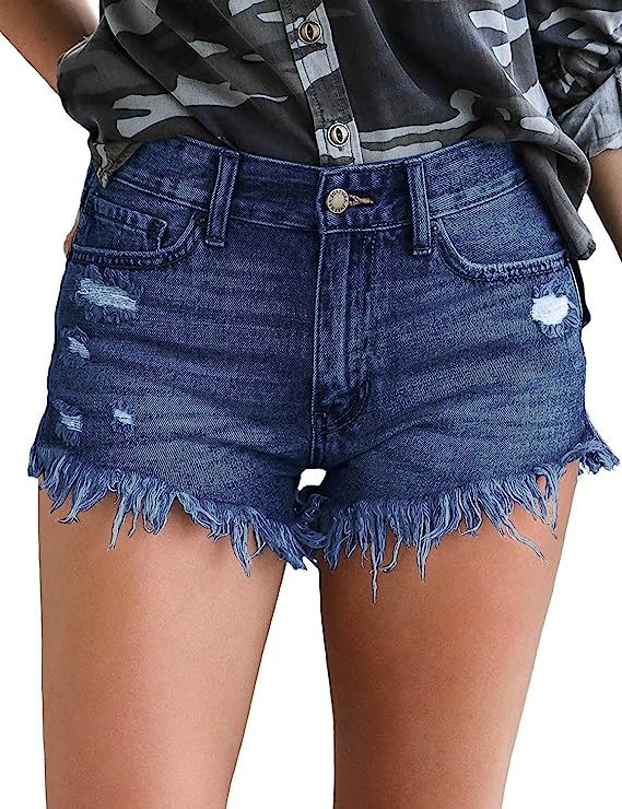 LookbookStore Women's Mid Rise Frayed Ripped Raw Hem Denim Jean Shorts | Amazon (US)