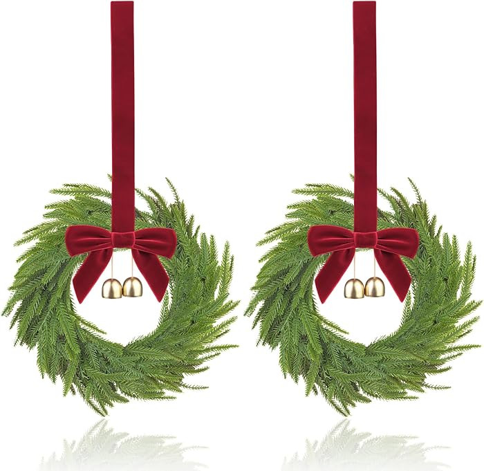 Edussy 2 pcs 12 inch Small Christmas Wreath, Mini Wreaths for Cabinets with Red Bows and Bells,Ar... | Amazon (US)