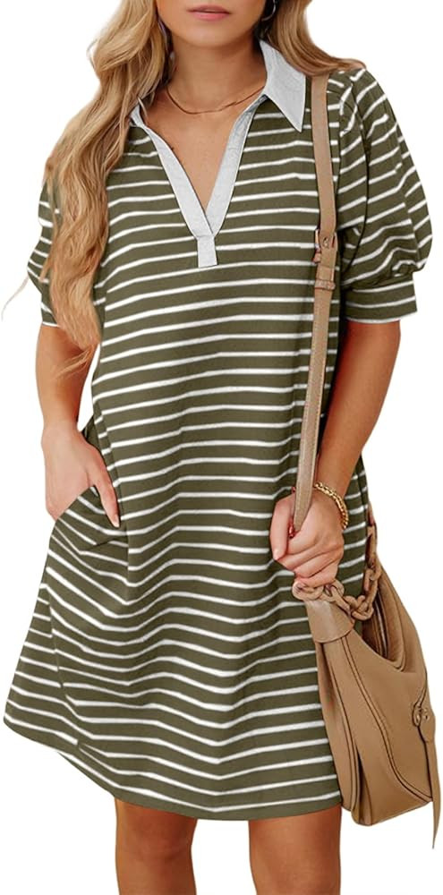 BLENCOT Women's Casual Polo V Neck T Shirt Striped Dress Summer Puff Short Sleeve MIdi Dresses | Amazon (US)