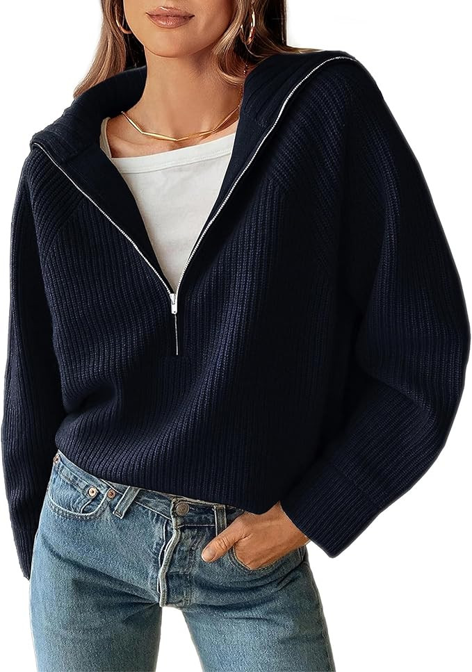 BTFBM Womens Sweaters Fall 2024 Half Zip Pullover Trendy V Neck Collared Sweater Long Sleeve Ribb... | Amazon (US)