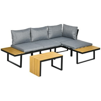 Outsunny 3 Piece Patio Furniture Set, Outdoor Sofa Set with Chaise Lounge & Loveseat, Soft Cushions, Woodgrain Plastic Table, L-Shaped Sectional, Gray | Target