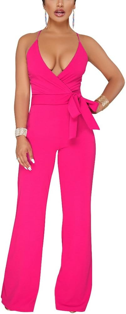 Aro Lora Women's Sexy V Neck Sleeveless Backless Long Wide Leg Pant Jumpsuit Romper | Amazon (US)