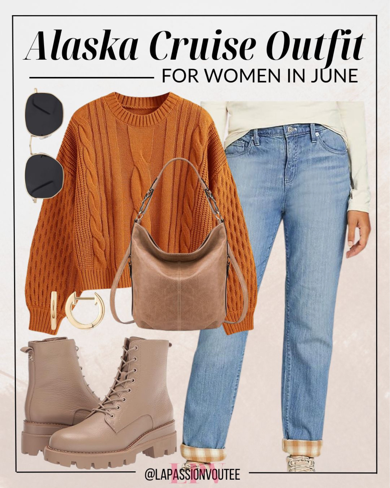 Welcome June in Alaska with cozy sophistication: don a knit cable sweater paired effortlessly with boyfriend jeans for a relaxed yet chic look. Add flair with hoop earrings, shield your eyes with sunglasses, and accessorize with a stylish shoulder handbag. Complete the ensemble with garret boots, ready for any Alaskan adventure!

#LTKstyletip #LTKSeasonal #LTKtravel