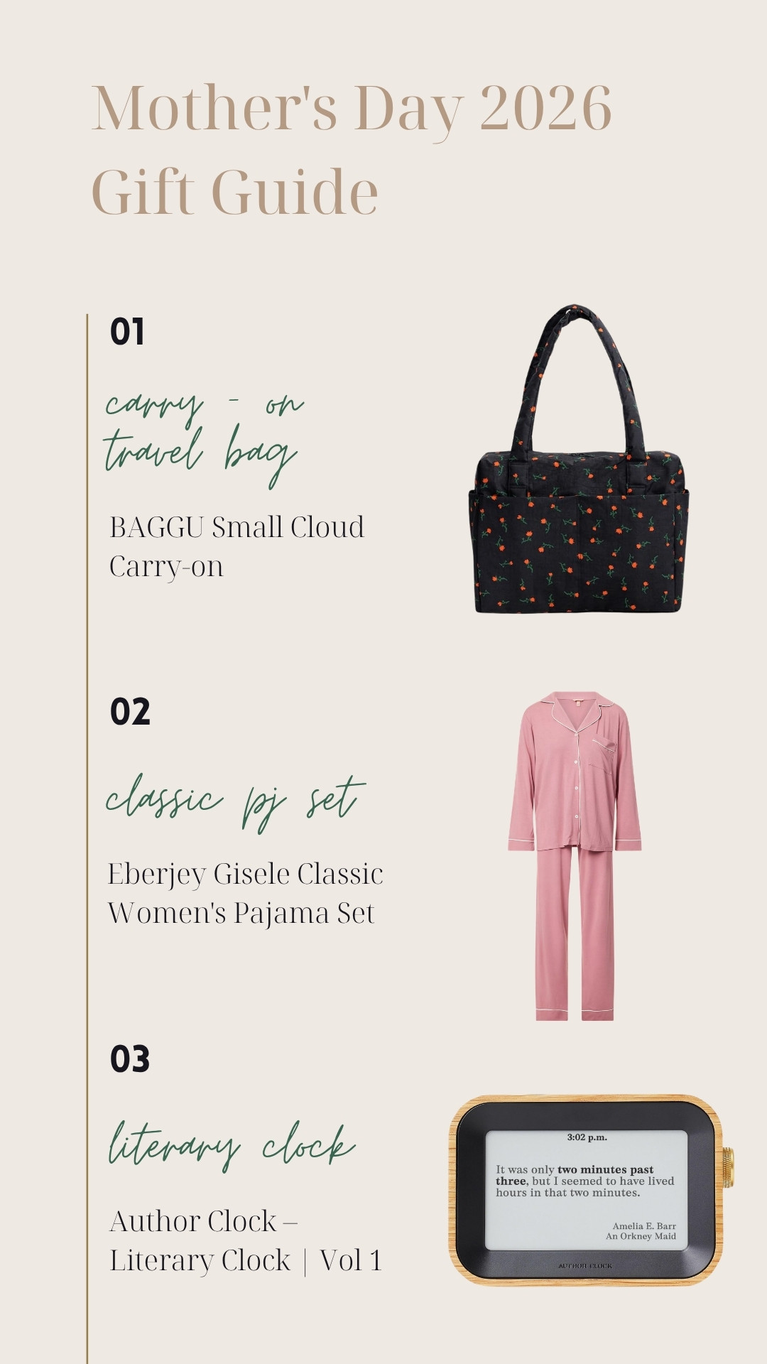 Mother’s Day 2026 gift guide—because the best gifts are the ones she’ll actually use.

A carry-on travel bag for her next getaway, a soft classic pajama set she’ll live in, a literary clock for slow mornings, and a portable blender for everyday ease. Add a meaningful cookbook and jade glass mixing bowls, and you have a mix of thoughtful, practical, and just indulgent-enough pieces she wouldn’t necessarily buy for herself—but will love having.

Everything is linked and ready to shop.

#MothersDay2026 #MothersDayGiftGuide #GiftsForHer #GiftIdeasForMom #LTKGiftGuide #LTKFinds #TravelBag #PajamaSet #HomeGifts #KitchenGifts #EverydayEssentials #ThoughtfulGifting #SpringGifts 

 #LTKMothersDay #LTKmomlife #LTKSeasonal