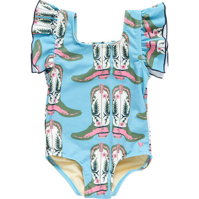 Girls Elsie Suit, Aqua Cowboy Boots - Pink Chicken Swim | Maisonette | Maisonette