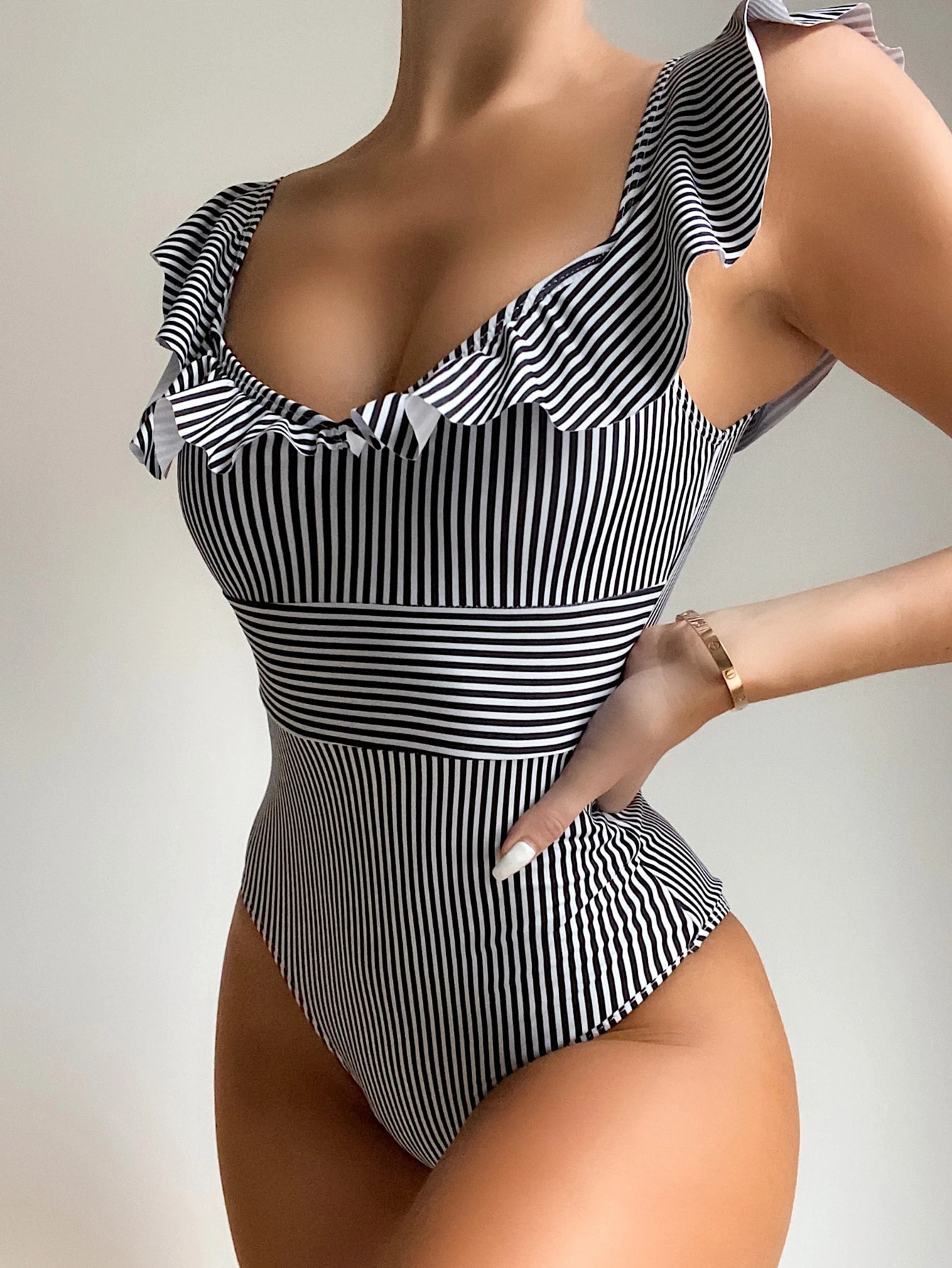 Striped Ruffle Trim One Piece Swimsuit | SHEIN