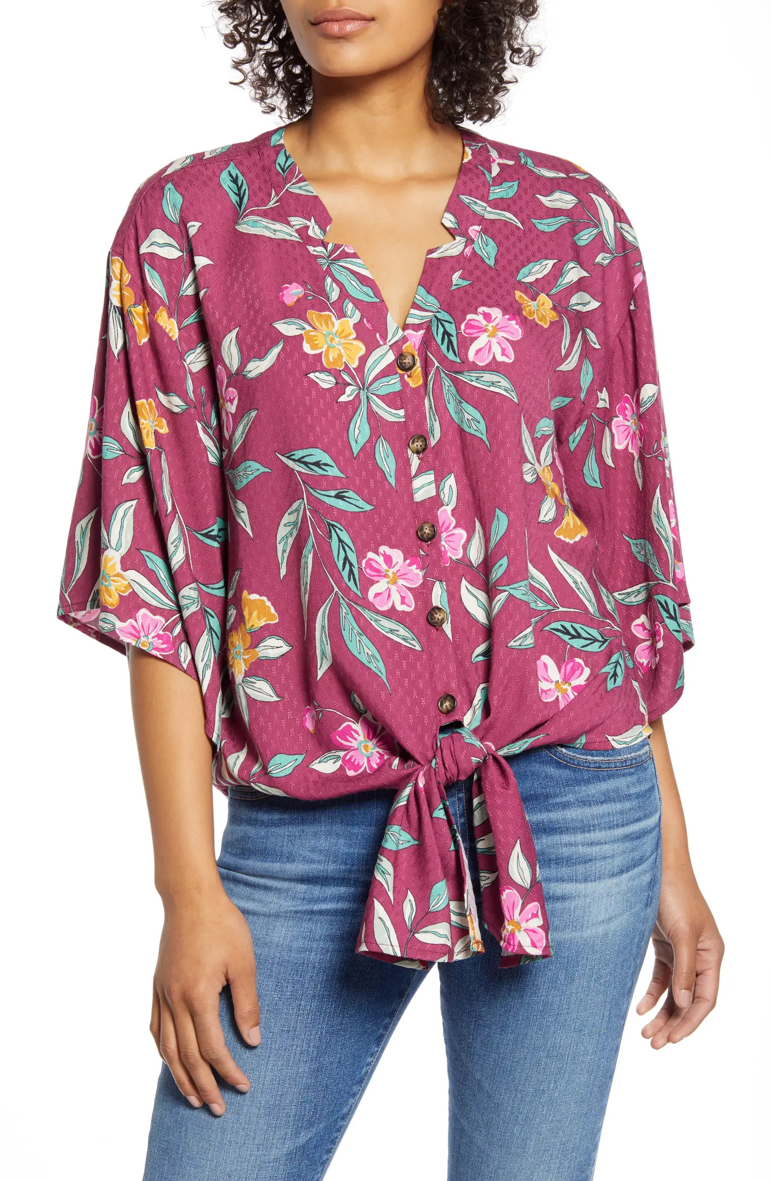 Floral Jacquard Tie Front Blouse | Nordstrom