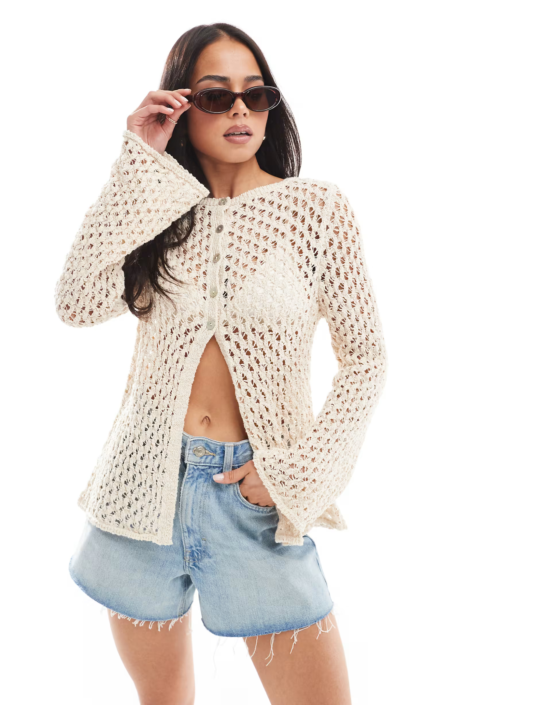 ASOS DESIGN slash neck open crochet knit cardigan in ivory | ASOS (Global)