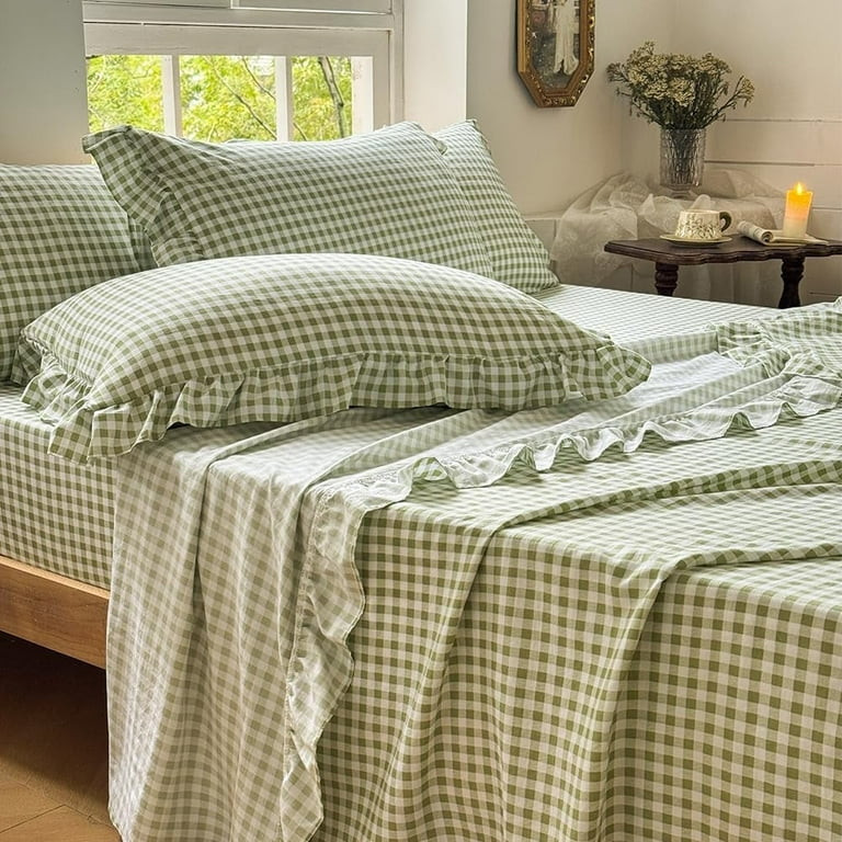 Sage Green Gingham Ruffle Full Sheet Set, Green Soft Pre-Washed Microfiber Plaid Ruffled Full Bed... | Walmart (US)