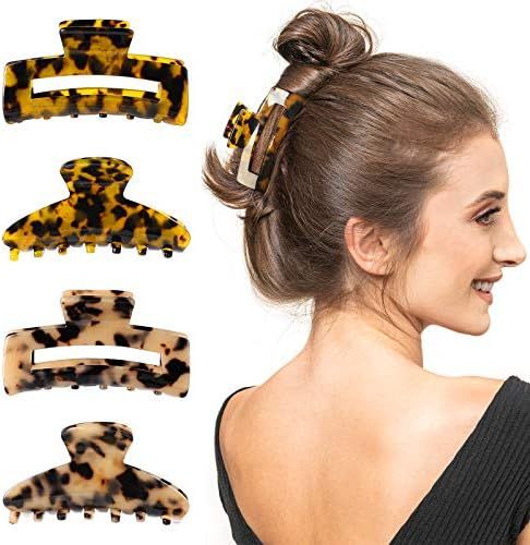 QWDLID 4 Packs Hair Claw Clips, 3.5 Inch Banana Hair Clips for Women, Tortoise Celluloid Hair Jaw... | Amazon (US)