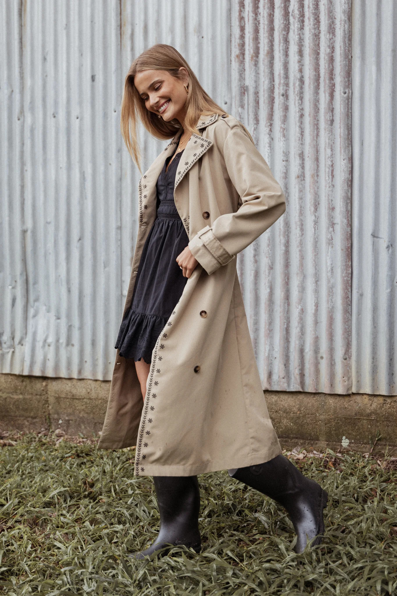 Grayson Embroidered Trim Trench Coat - Taupe | Petal & Pup (US)