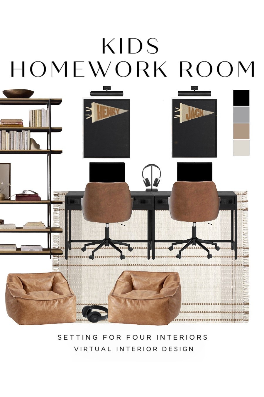 Stylish kids homework room/art room/ playroom with a gorgeous bookshelf and desks, lots of storage and organization, Neutral aesthetic, modern, transitional, minimalist, desk chair, bulletin boards, bookcase, lounge chair, teen room, kids room, brown, black, beige, bean bag chair, Pottery Barn style, Target home, Amazon home, sale, summer school

#LTKhome #LTKsale #LTKkids