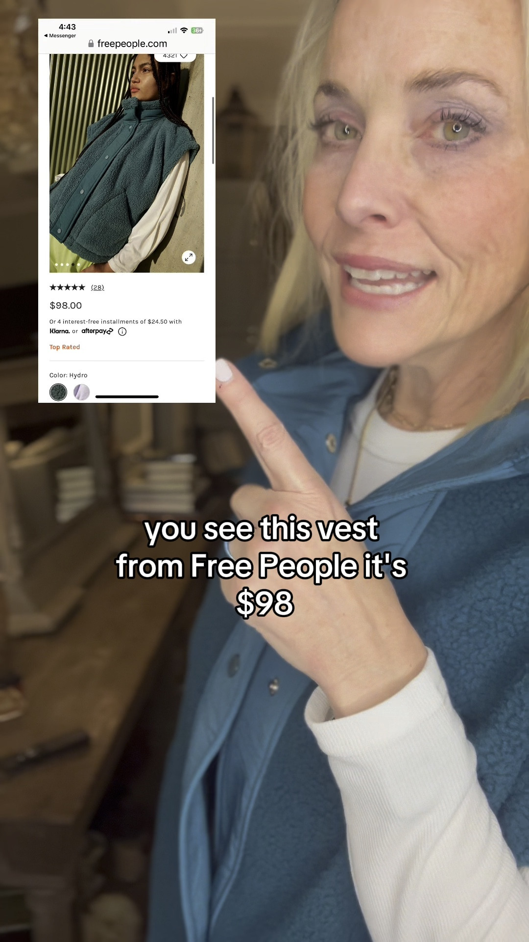 Alrighty y’all. I’m coming at you with another FP vs Amazon comparison.  This time it’s the Free People Scout It Out Fleece Vest. 

Thank you to my friend Megan for turning me on to this awesome look for less. 

Free People vest is $98, comes XS-XL, and just added a 3rd color today.  It is only left in stock in XS. 

Amazon vest is $35.99 and comes in 6 colors. It comes in sizes S-XL (no XS option). I am wearing a MEDIUM in the color BLUE. 

Both are 100% polyester 

Same mixed media material, same pockets, same silhouette, same times on the sides. Side note: The contrast between the Sherpa and the placket is not nearly as pronounced as it appears in the video lighting. There is a contrast, but it’s not anywhere near as great as it looks in my video. 

#LTKover40 #LTKfindsunder50 #LTKmidsize