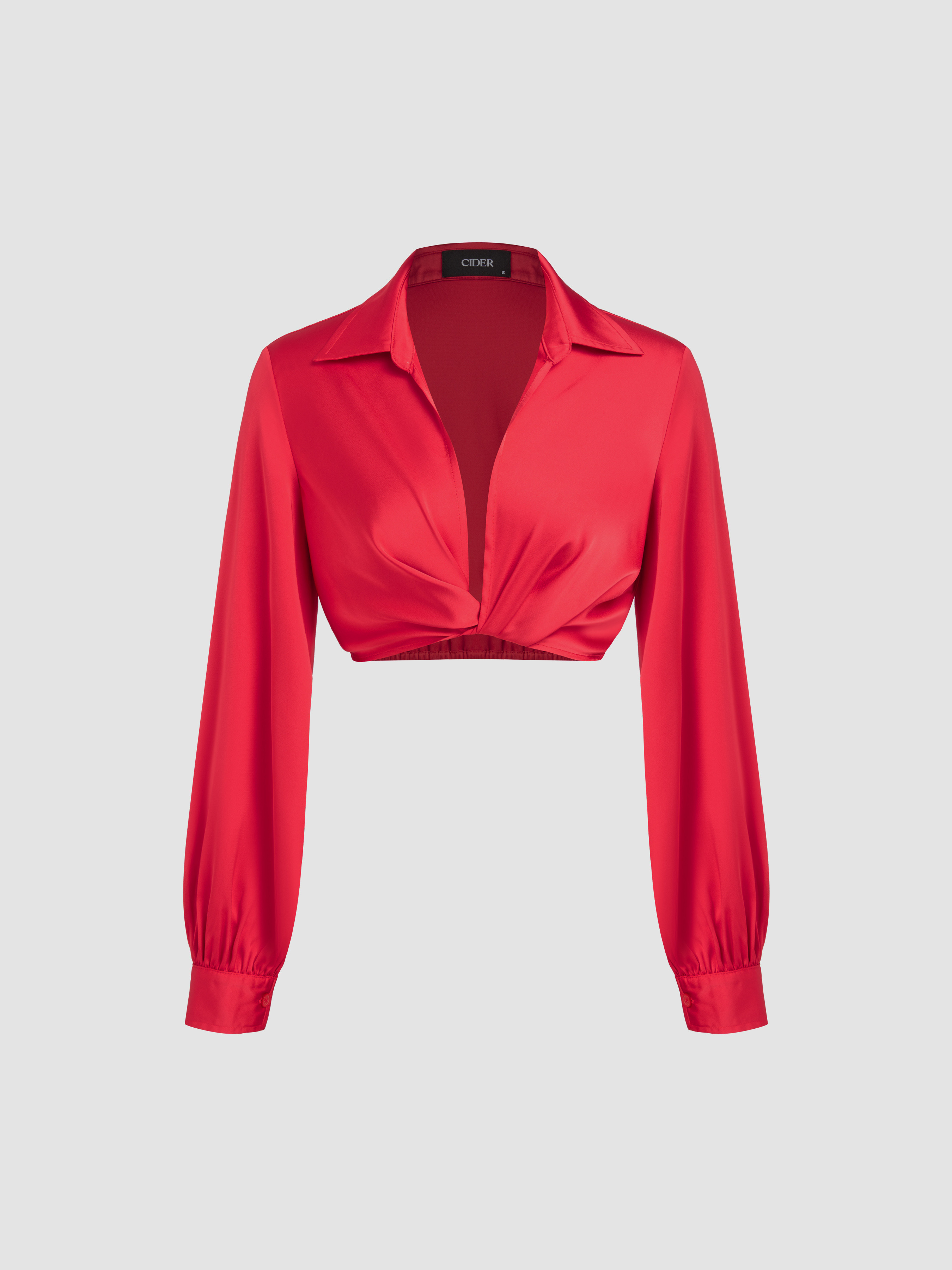 V-neck Solid Twist Long Sleeve Crop Shirt | Cider