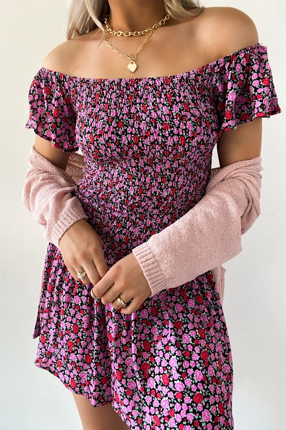 Such a Darling Black Floral Print Smocked Off-the-Shoulder Dress | Lulus (US)
