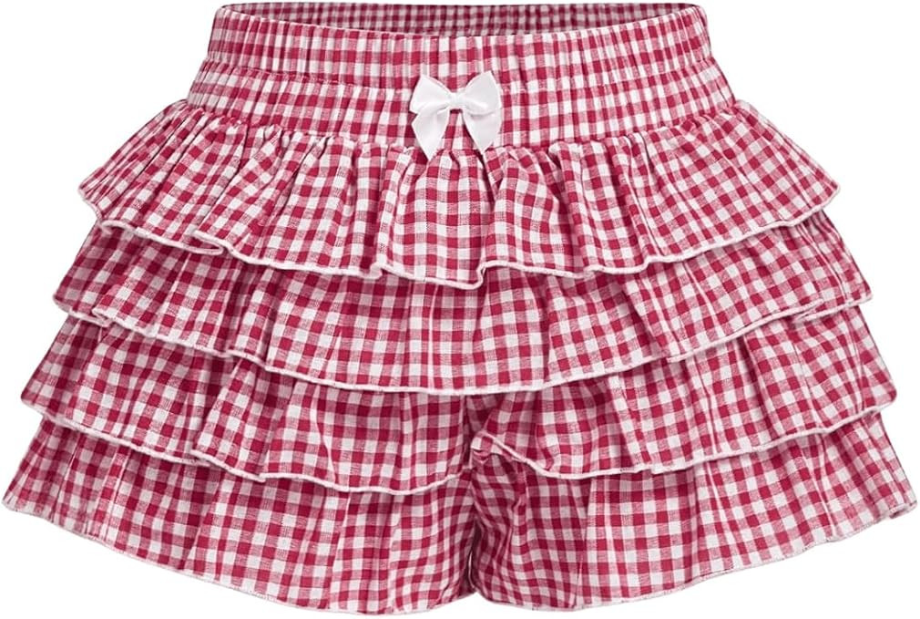 Women's Y2K Gingham Shorts Ruffle Bloomers Plaid Micro Shorts Checkered Tiered Bow Bloomer | Amazon (US)