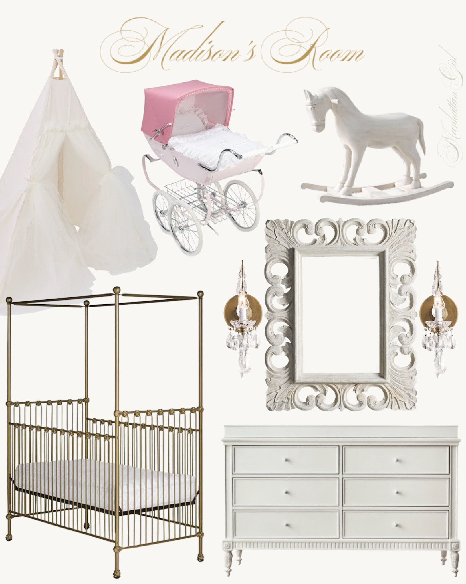 Transitioning Madison’s Baby Nursery into a Toddler Room this next month. Changing out her crib to this gold crib (front piece can be switched out to a lower toddler bed as well for when she’s ready later next year). Crib is custom but I’ve added similar options! Her dresser and horse are from RH. Dolls pram from Silver Cross. 🤍✨ 

#LTKBaby #LTKKids #LTKHome