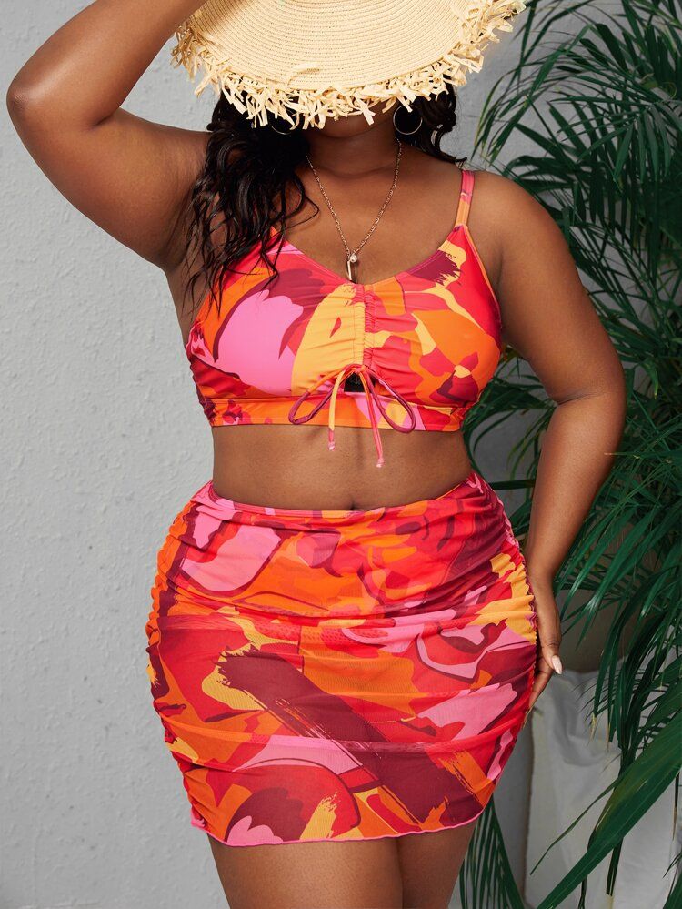 Plus Allover Print Bikini Swimsuit With Beach Skirt | SHEIN