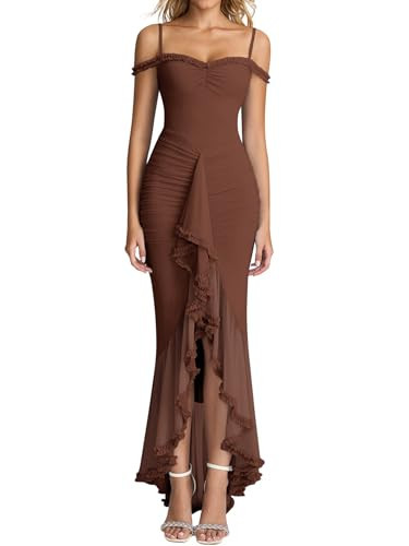 KUTUMAI Women Ruffle Bodycon Maxi Dress Ruched Long Formal Cocktail Wedding Guest Dresses Brown M | Amazon (US)