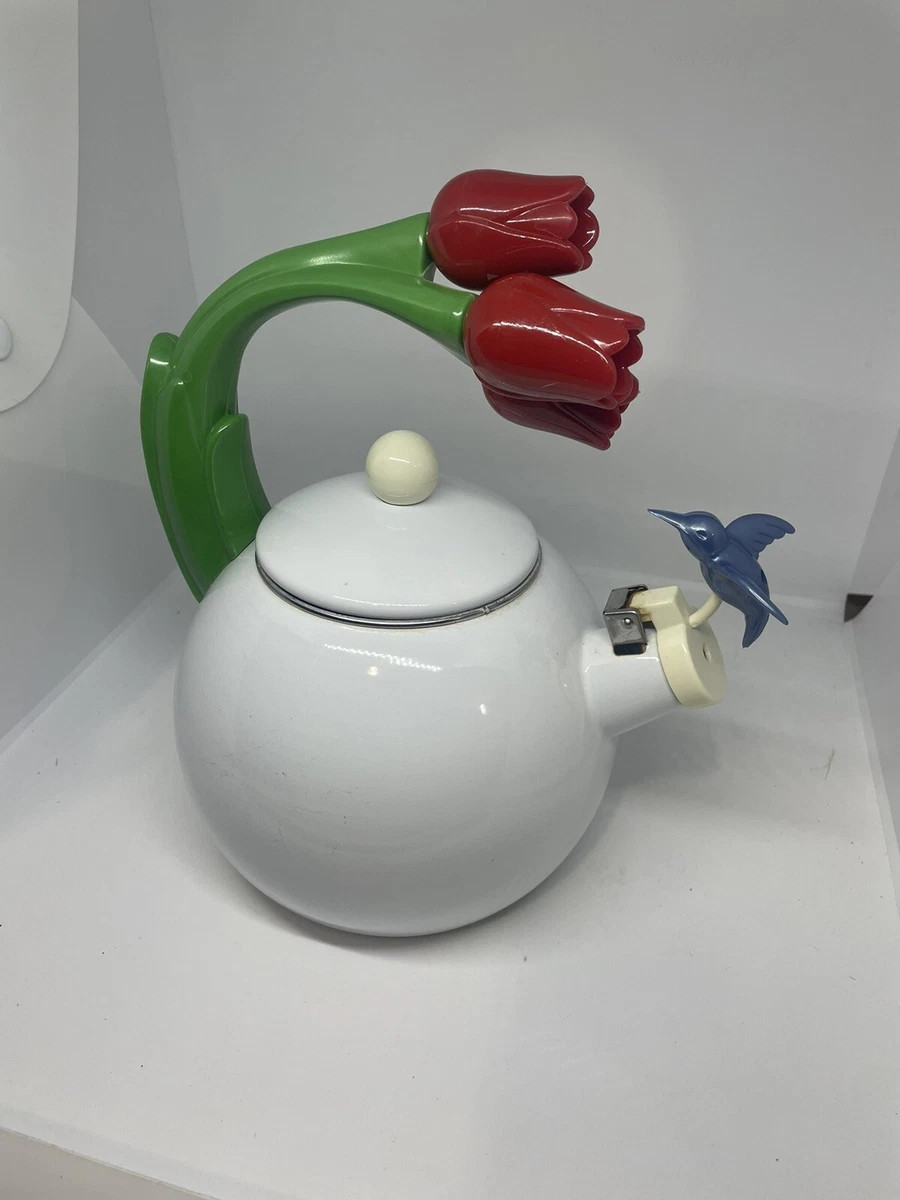Ancona Teapot Hummingbird Tulip Flower Enamel Whistling White Tea Kettle In Box  | eBay | eBay US