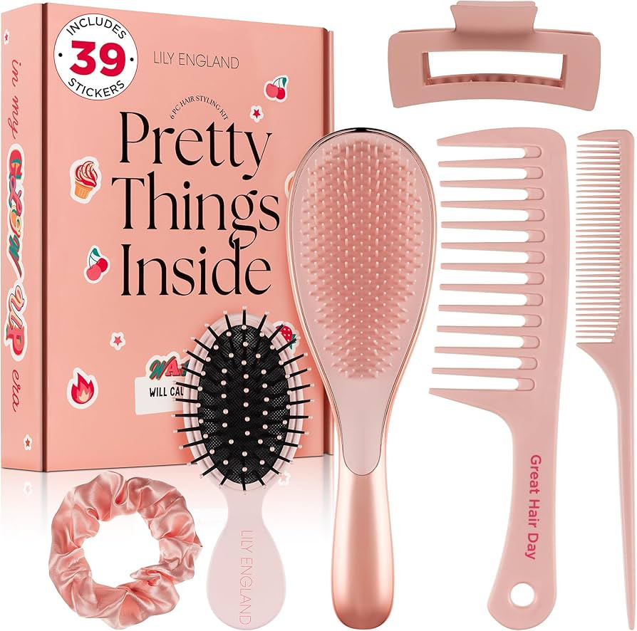 6 Pcs Hair Brush Set with Brush & Combs - Detangling Brush for All Hair Types with Wide Tooth & T... | Amazon (US)