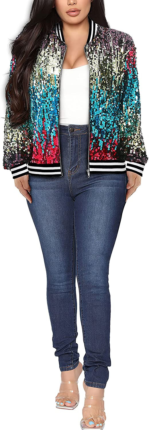 Yutuwomsfushi Womens Long Sleeve Sequin Open Front Zipper Jacket with Ribbed Cuffs | Amazon (US)