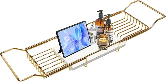 BVL Bathtub Tray Stainless Steel with Marble Base Gold Bathtub Tray with White Marble Base Adjust... | Amazon (US)