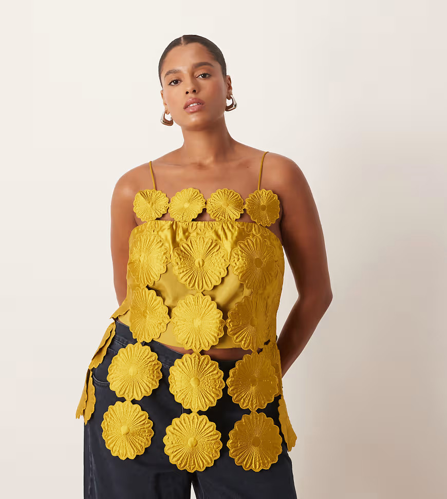 ARRANGE Curve cut work floral fringe hem top in gold | ASOS (Global)