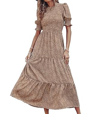 BTFBM Women Casual Summer Dresses 2024 Spring Crew Neck Ruffle Short Sleeve Floral Print Smocked ... | Amazon (US)