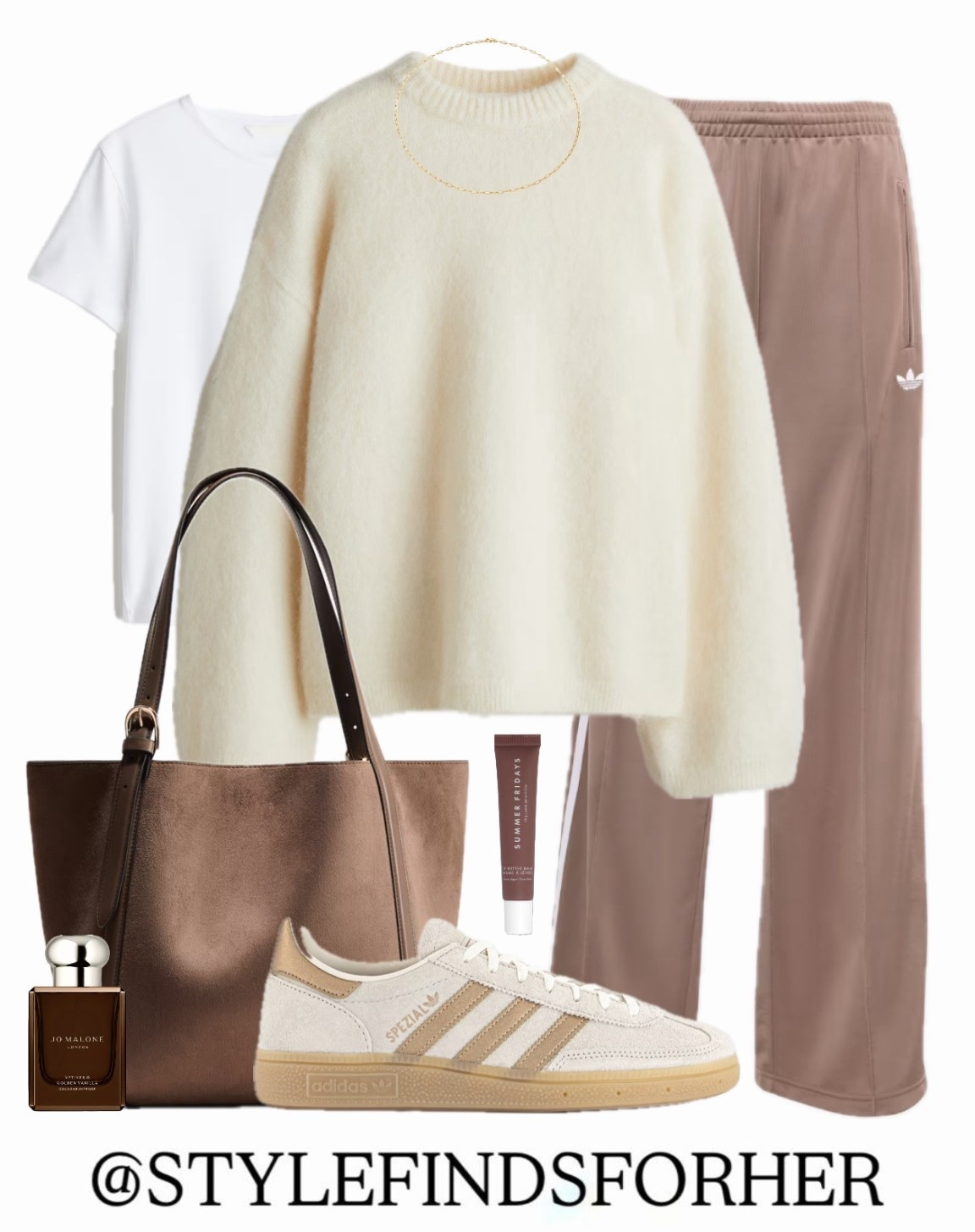 Casual neutral outfit idea 🤍 Cream knit mohair jumper, white t-shirt, brown firebird joggers and beige adidas Spezial trainers. Perfect for everyday errands, travel or off-duty days.

#LTKuk #LTKwinter #LTKtravel