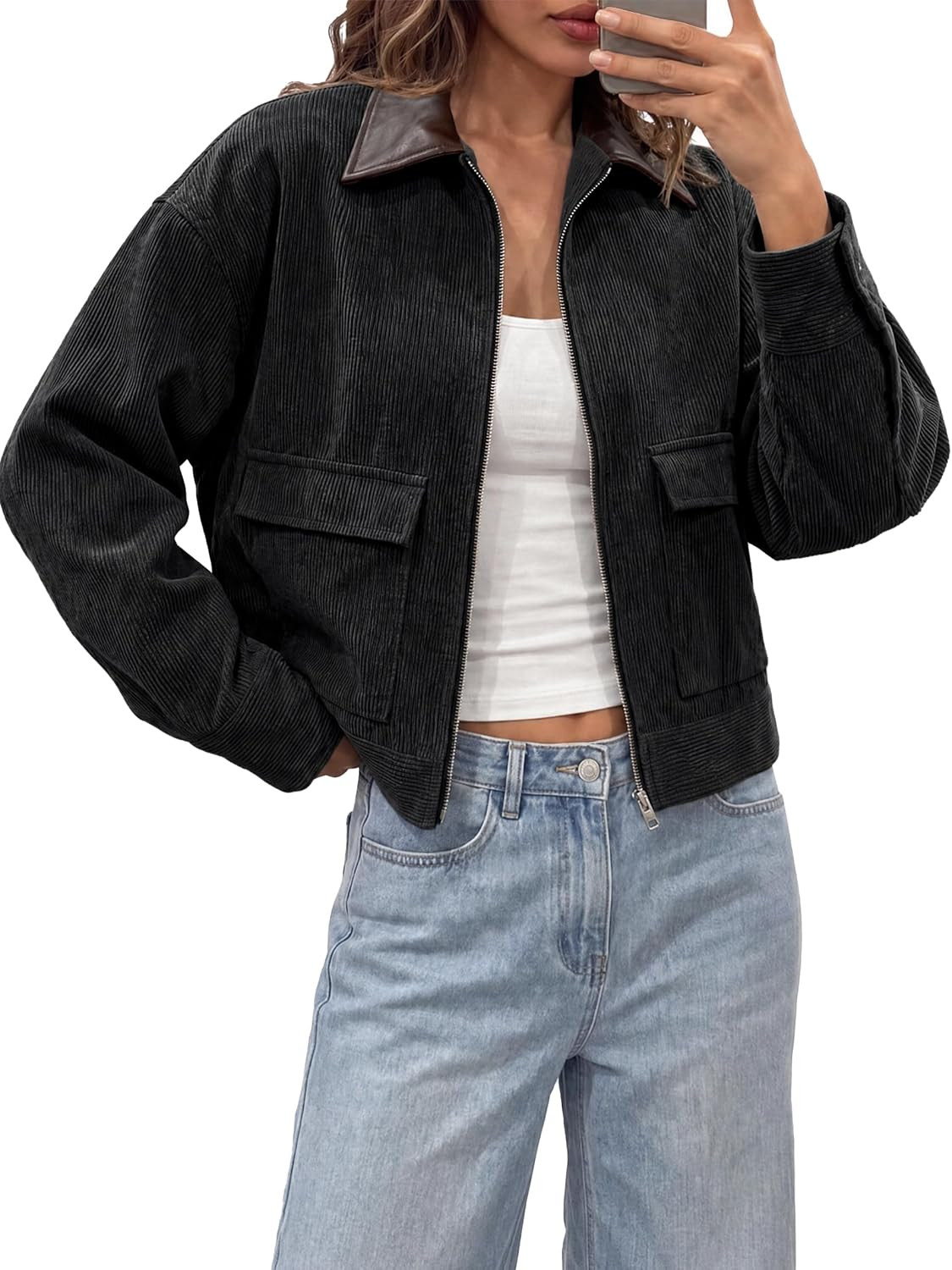 Tankaneo Womens Cropped Corduroy Jackets Oversized Zip Up Barn Bomber Coat | Amazon (US)