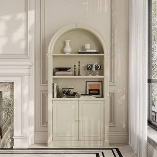 71 in. Tall Beige Finished Wood 5-Shelf Bookcase with Close Back, Open Shelves, 2 Doors and Arched Top | The Home Depot