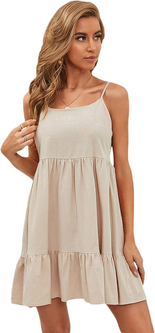 SweatyRocks Women's Spaghetti Strap Ruffle Hem Solid Cami Babydoll Dresses | Amazon (US)
